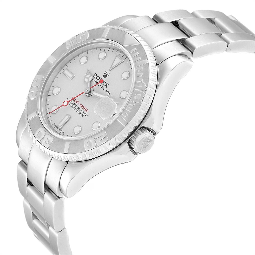 The image shows a side angle of the Rolex Yacht-Master 168622 Men
s Stainless Steel Silver Dial 168622 Men
s Stainless Steel Silver Dial watch, highlighting the dial, bezel, crown, and bracelet.