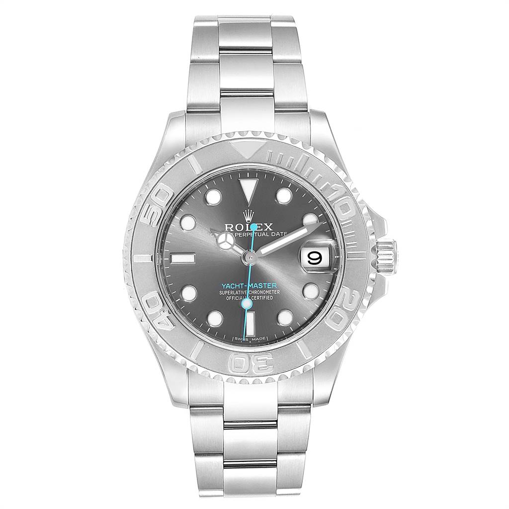 This image shows a frontal view of a Rolex Yacht-Master 268622 Men
s Stainless Steel Grey Dial 268622 Men
s Stainless Steel Grey Dial watch, displaying its dial, bezel, and bracelet.