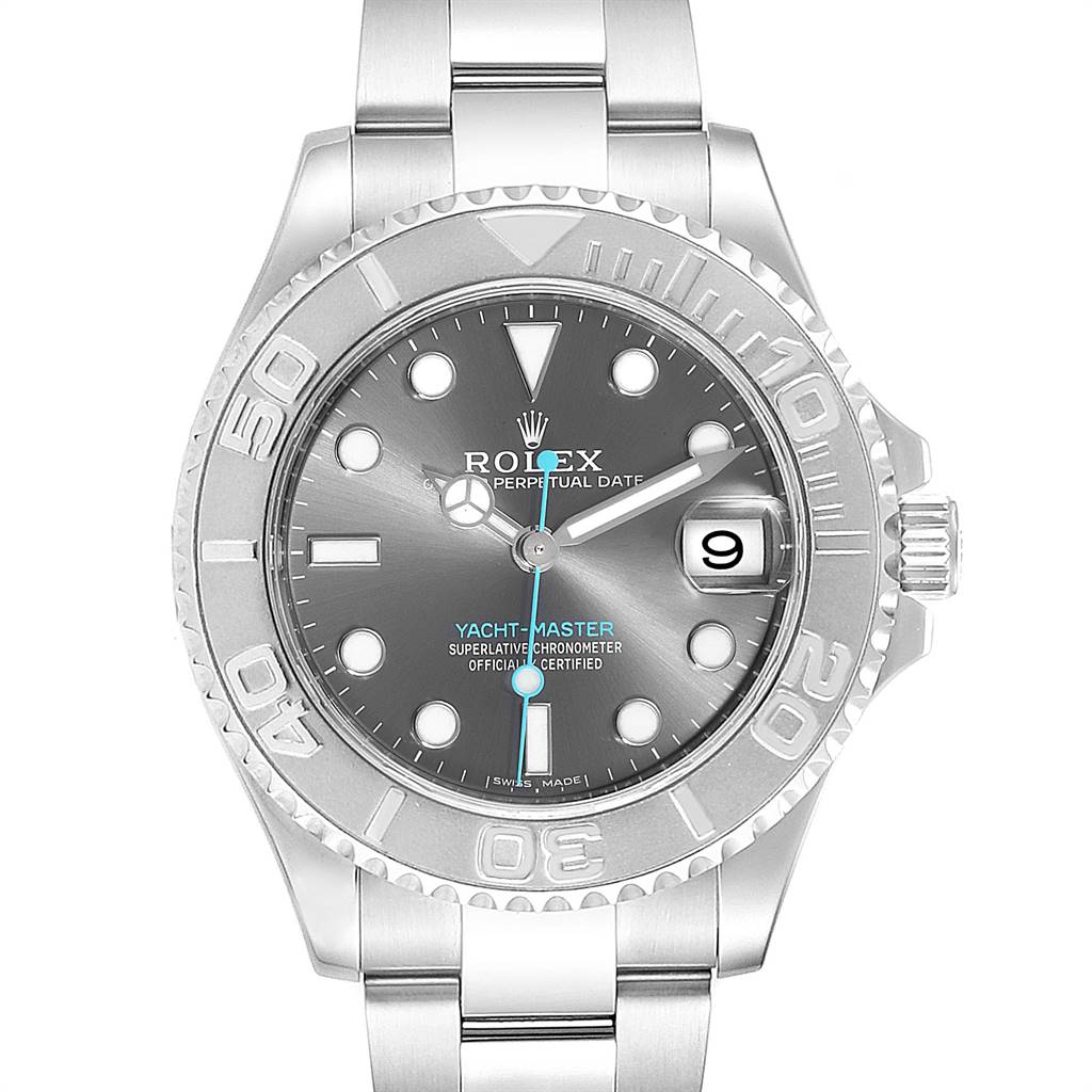 The image shows a front view of a Rolex Yacht-Master 268622 Men
s Stainless Steel Grey Dial 268622 Men
s Stainless Steel Grey Dial watch, highlighting the dial, bezel, and bracelet.
