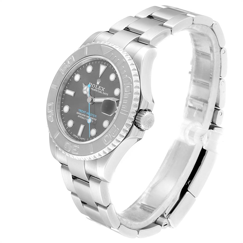The image shows a side angle of a Rolex Yacht-Master 268622 Men
s Stainless Steel Grey Dial 268622 Men
s Stainless Steel Grey Dial watch, highlighting the dial, bezel, crown, and bracelet.
