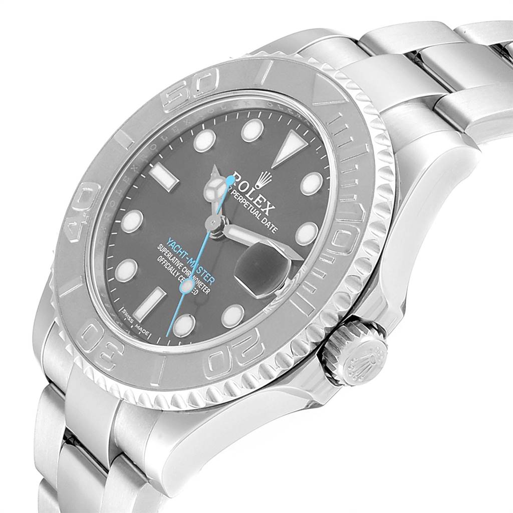 The Rolex Yacht-Master 268622 Men
s Stainless Steel Grey Dial 268622 Men
s Stainless Steel Grey Dial watch is viewed from an upper side angle, showing the face, bezel, crown, and part of the bracelet.