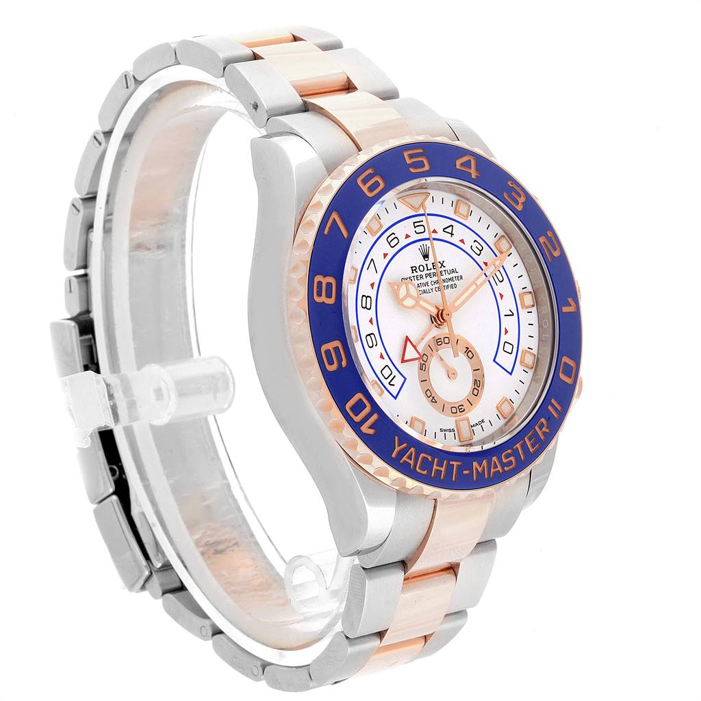 The image shows a side angle of the Rolex Yacht-Master 116681 Men's Steel and Gold (two tone) White Dial 116681 Men's Steel and Gold (two tone) White Dial watch, highlighting its bezel, dial, and bracelet.