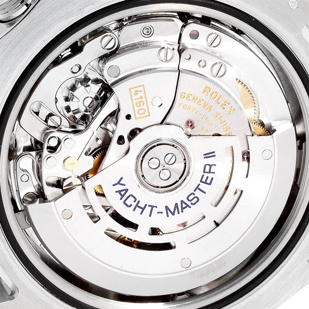The image shows the inner mechanical movement of a Rolex Yacht-Master 116689 Men's White Gold White Dial 116689 Men's White Gold White Dial watch at a close-up angle.