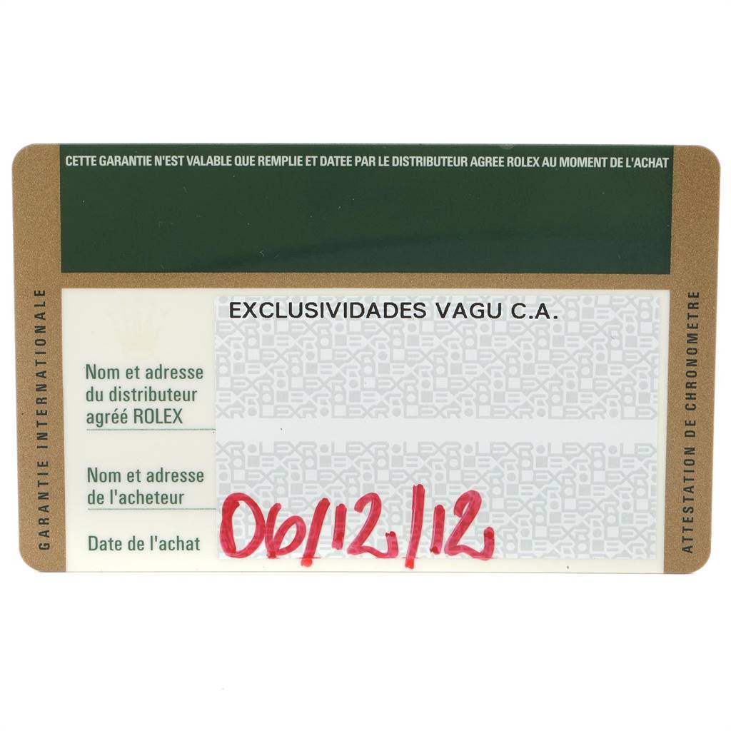 This image shows the warranty card for a Rolex Yacht-Master 116689 Men's White Gold White Dial 116689 Men's White Gold White Dial watch including purchase date and distributor information.