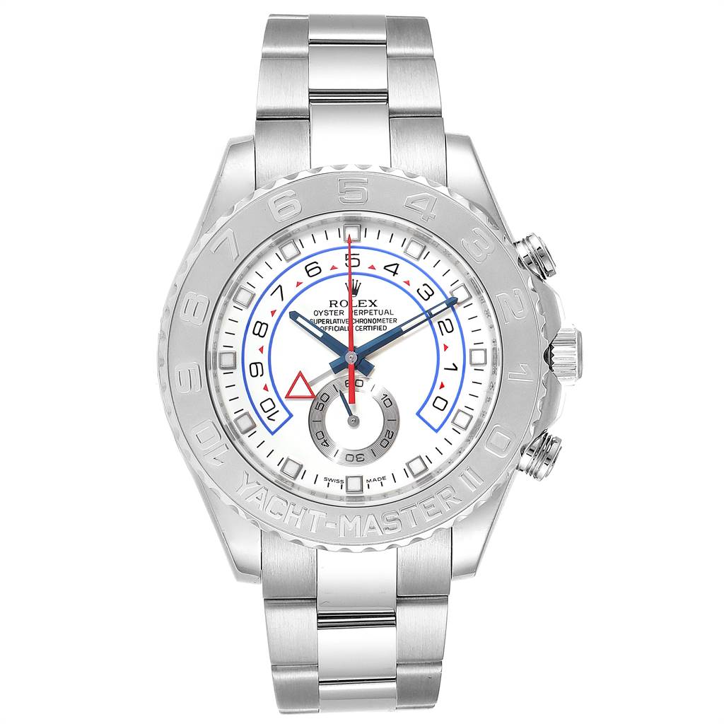 This Rolex Yacht-Master 116689 Men's White Gold White Dial 116689 Men's White Gold White Dial watch is shown from a front angle, displaying the face, bezel, and bracelet.