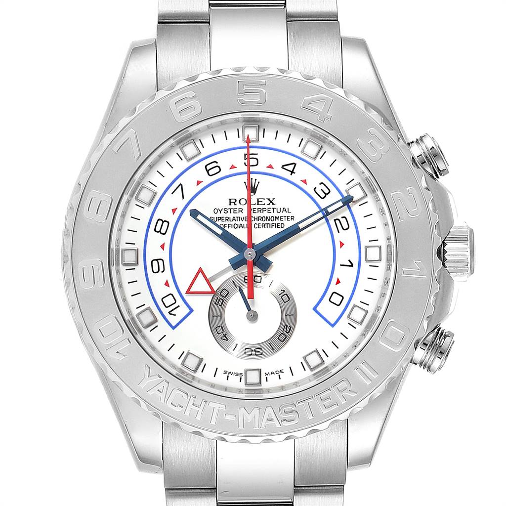 This Rolex Yacht-Master 116689 Men's White Gold White Dial 116689 Men's White Gold White Dial watch is shown from a front angle, highlighting its face, bezel, and stainless steel bracelet.
