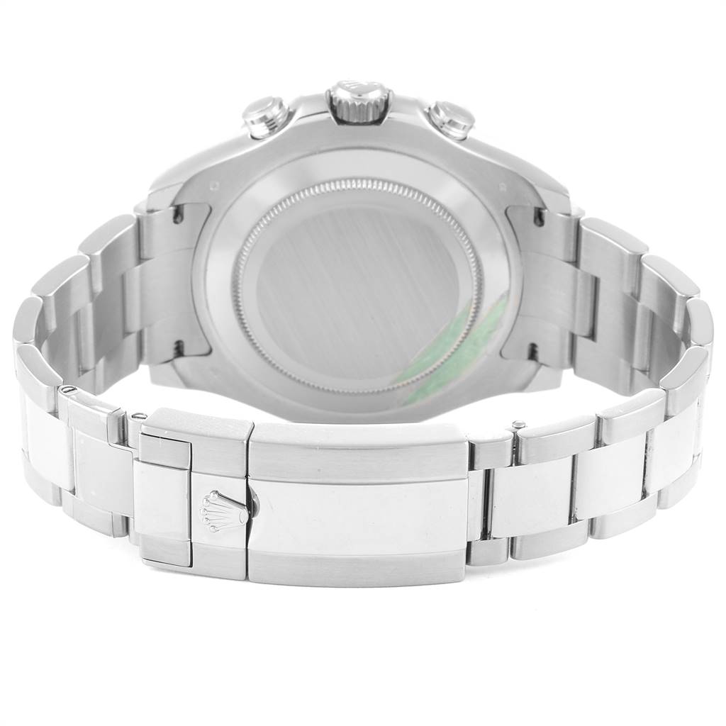 This image shows the back side of a Rolex Yacht-Master 116689 Men's White Gold White Dial 116689 Men's White Gold White Dial watch, displaying its clasp and case back.