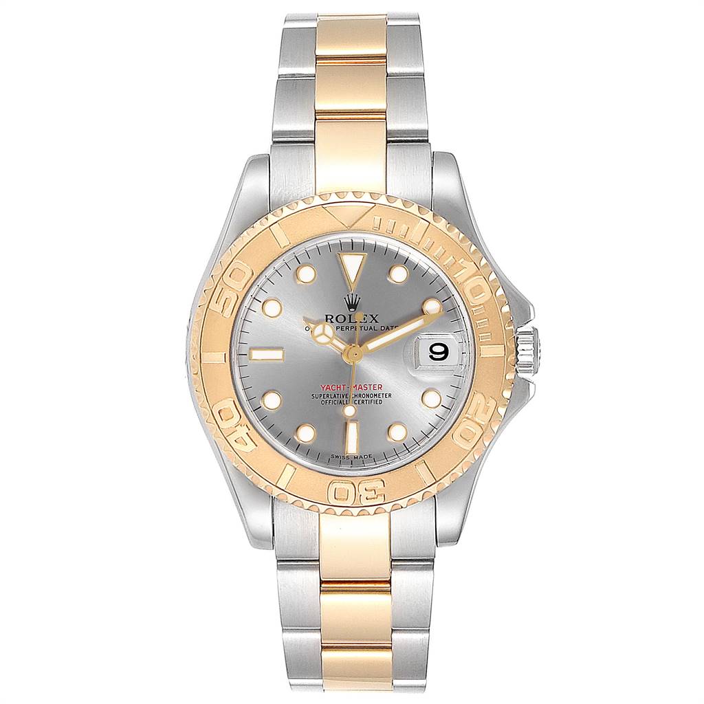 This Rolex Yacht-Master 168623 Men
s Steel and Gold (two tone) Grey Dial 168623 Men
s Steel and Gold (two tone) Grey Dial watch is shown from the front, displaying the dial, bezel, crown, and bracelet.