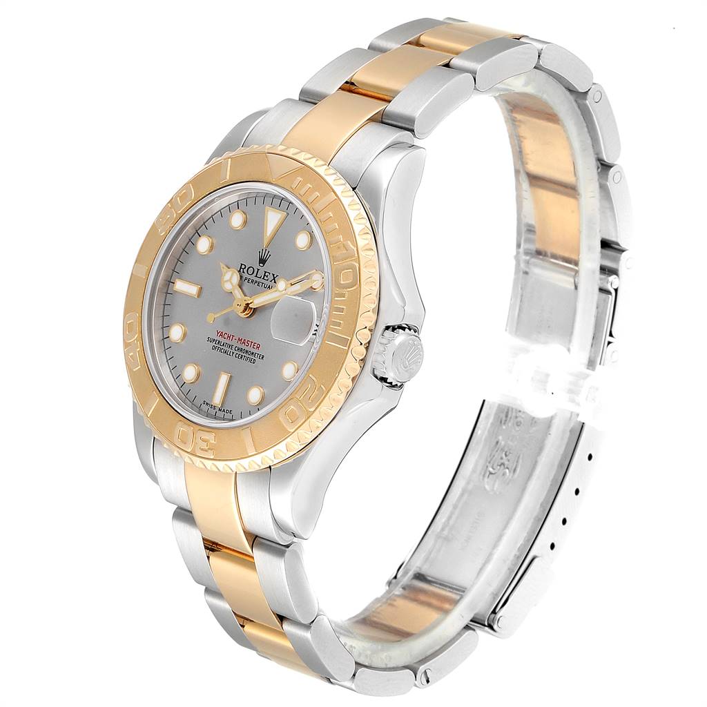 The Rolex Yacht-Master 168623 Men
s Steel and Gold (two tone) Grey Dial 168623 Men
s Steel and Gold (two tone) Grey Dial watch is shown at a front-left angle, displaying its dial, bezel, and part of the bracelet.