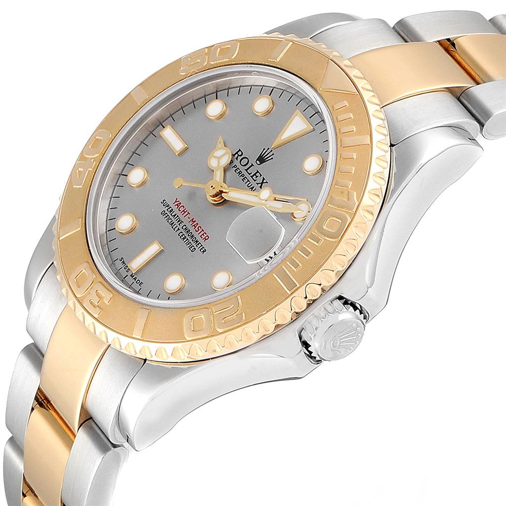 This Rolex Yacht-Master 168623 Men
s Steel and Gold (two tone) Grey Dial 168623 Men
s Steel and Gold (two tone) Grey Dial watch is shown from a side angle, highlighting the face, bezel, crown, and part of the bracelet.