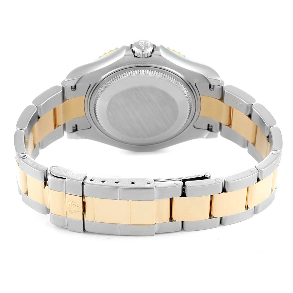 The Rolex Yacht-Master 168623 Men
s Steel and Gold (two tone) Grey Dial 168623 Men
s Steel and Gold (two tone) Grey Dial watch is shown from the back, displaying its case back and two-tone bracelet.