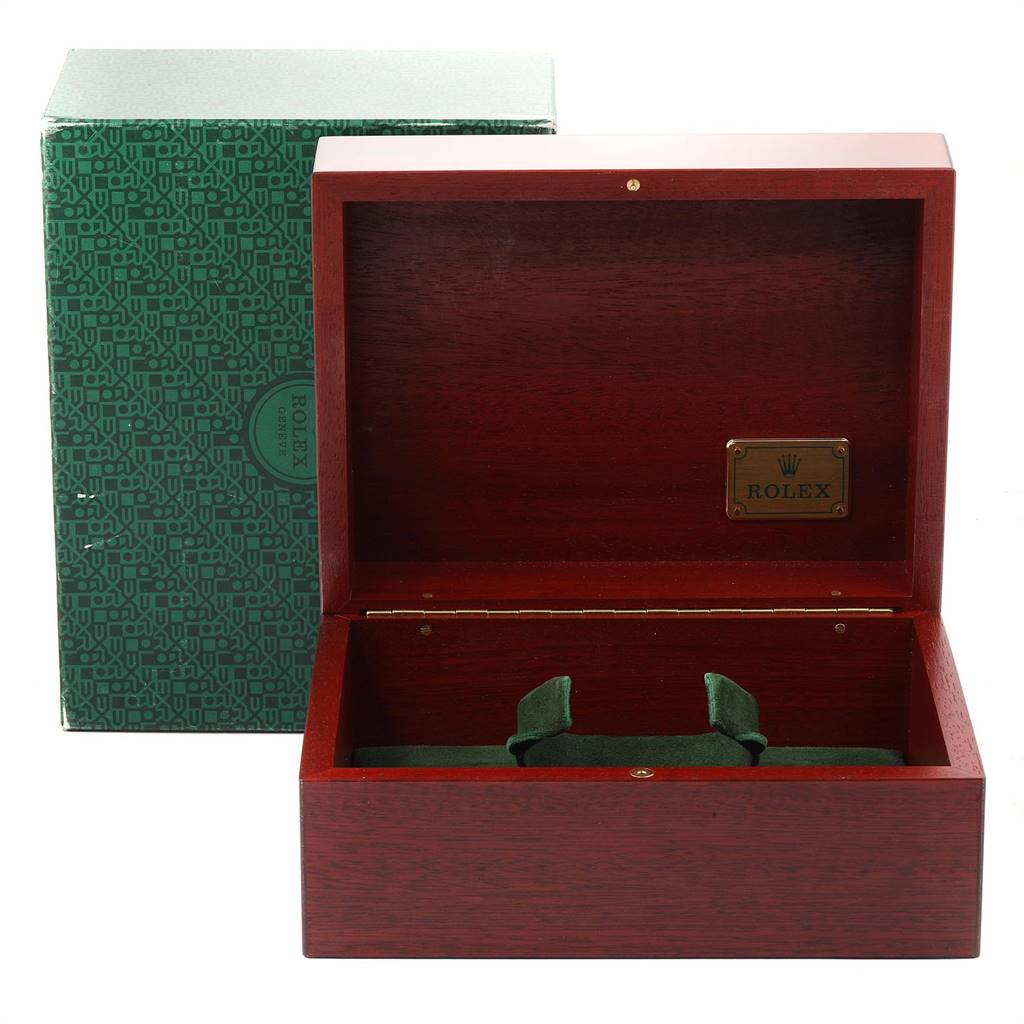 The image shows an empty Rolex Yacht-Master 16628 Men
s Yellow Gold Mother of Pearl Dial 16628 Men
s Yellow Gold Mother of Pearl Dial watch box, opened to display the interior along with the outer green packaging box.