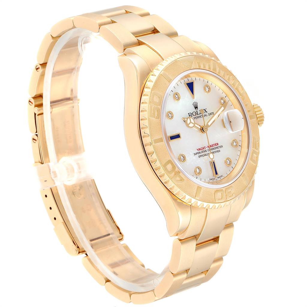 This image shows a Rolex Yacht-Master 16628 Men
s Yellow Gold Mother of Pearl Dial 16628 Men
s Yellow Gold Mother of Pearl Dial watch, angled from the front-left, highlighting the face, bezel, bracelet, and crown.