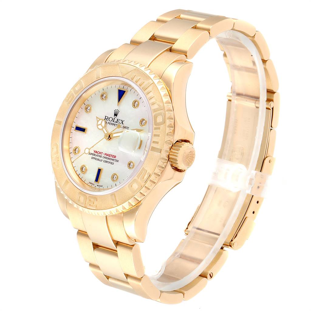This image shows a side and slightly top view of a Rolex Yacht-Master 16628 Men
s Yellow Gold Mother of Pearl Dial 16628 Men
s Yellow Gold Mother of Pearl Dial watch, highlighting the bezel, dial, bracelet, and crown.