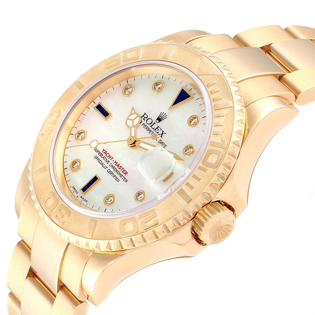 The image shows a close-up view of the Rolex Yacht-Master 16628 Men
s Yellow Gold Mother of Pearl Dial 16628 Men
s Yellow Gold Mother of Pearl Dial watch, displaying the face, bezel, crown, and part of the bracelet.