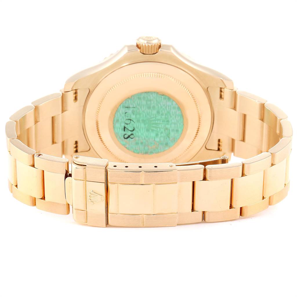 The image shows the back case and bracelet of a Rolex Yacht-Master 16628 Men
s Yellow Gold Mother of Pearl Dial 16628 Men
s Yellow Gold Mother of Pearl Dial watch from a rear angle.
