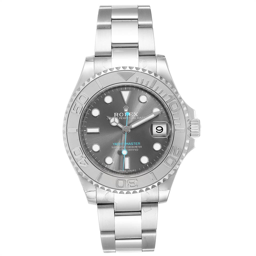 This Rolex Yacht-Master 268622 Men
s Stainless Steel Grey Dial 268622 Men
s Stainless Steel Grey Dial watch is shown from the front, displaying the dial, bezel, and bracelet.
