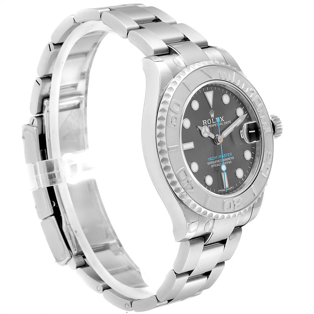 This Rolex Yacht-Master 268622 Men
s Stainless Steel Grey Dial 268622 Men
s Stainless Steel Grey Dial watch is shown at a side angle, displaying the bracelet, dial, bezel, and crown.