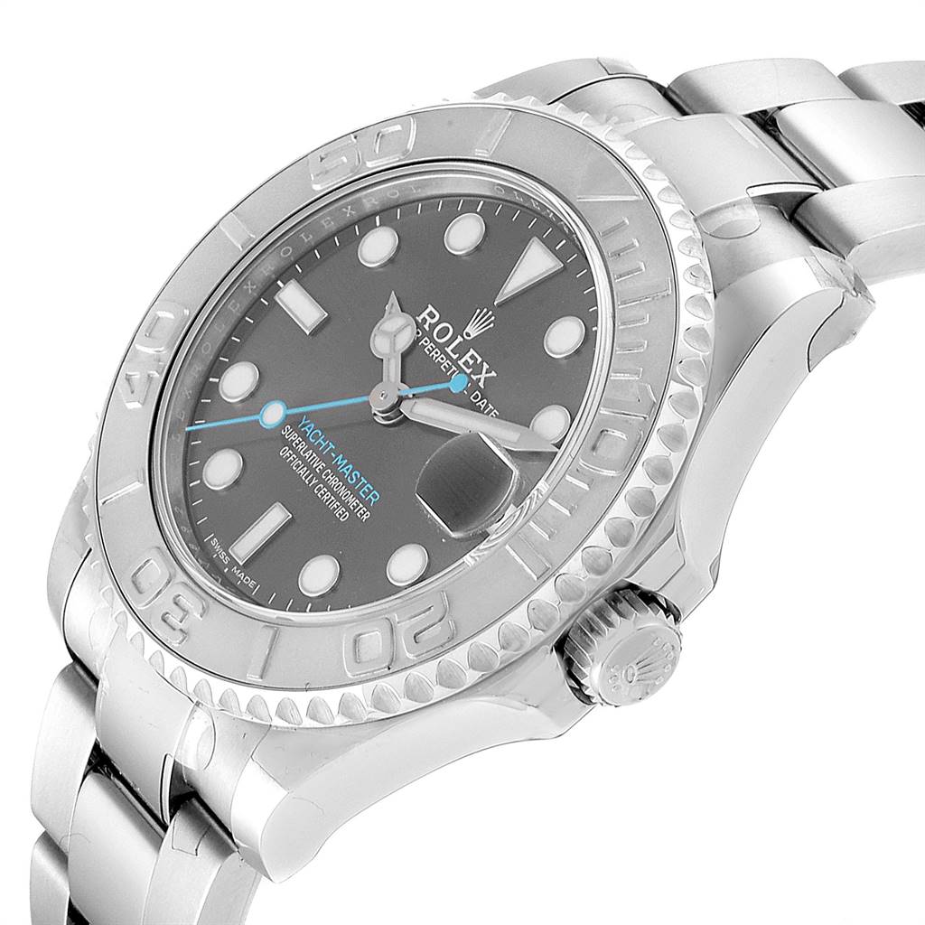 The image shows a Rolex Yacht-Master 268622 Men
s Stainless Steel Grey Dial 268622 Men
s Stainless Steel Grey Dial watch at a slight side angle, highlighting the dial, bezel, crown, and part of the bracelet.