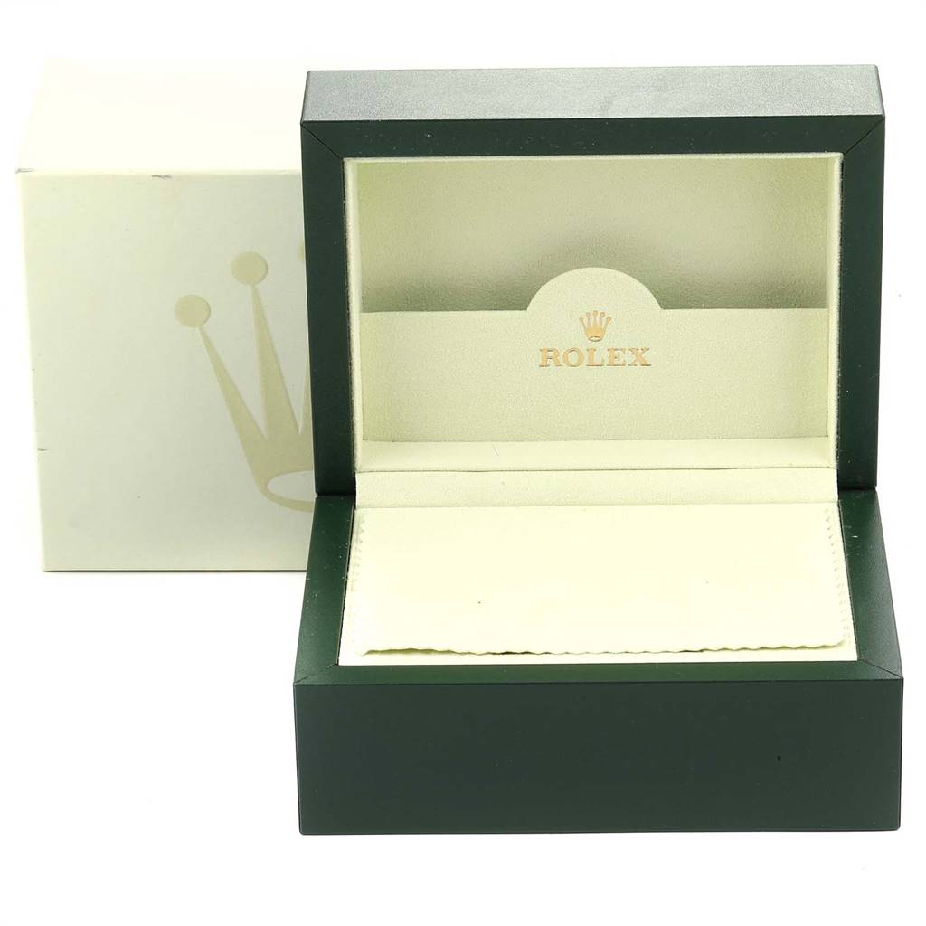 The image shows an open Rolex Yacht-Master 16622 Men
s Stainless Steel Silver Dial 16622 Men
s Stainless Steel Silver Dial watch box, displaying the interior lining and brand logo.