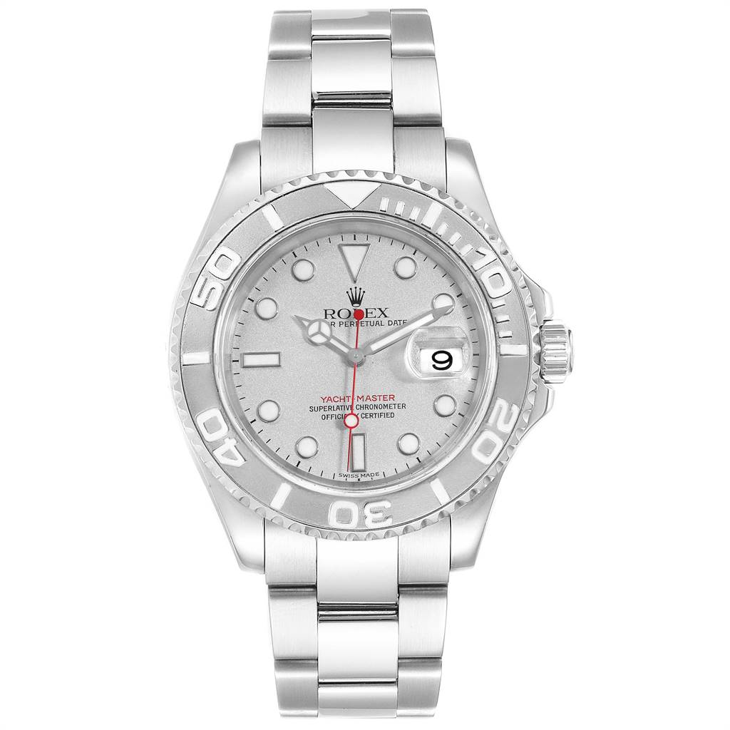 This image shows a frontal view of the Rolex Yacht-Master 16622 Men
s Stainless Steel Silver Dial 16622 Men
s Stainless Steel Silver Dial watch, displaying its face, bezel, and bracelet.