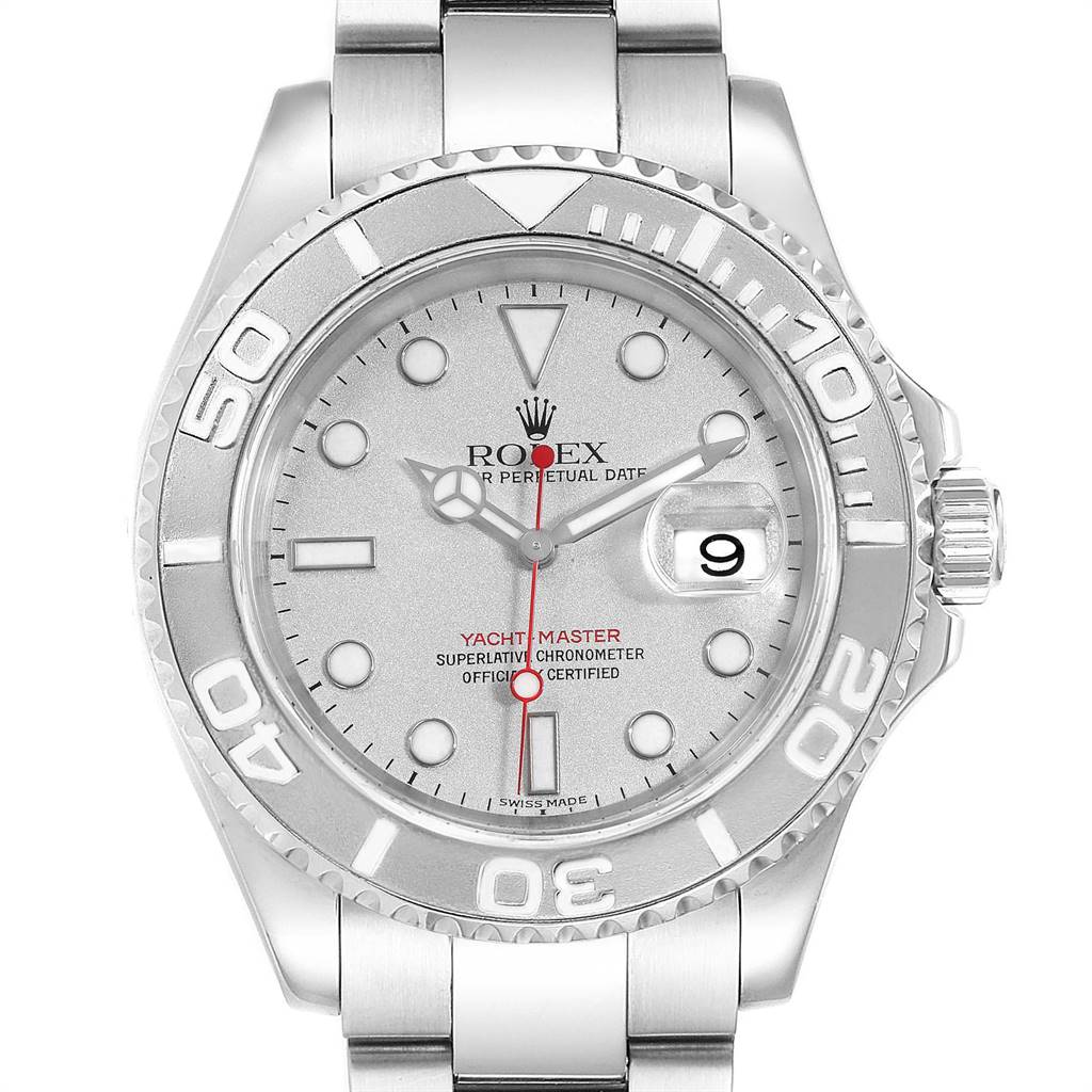 This image shows a frontal view of the Rolex Yacht-Master 16622 Men
s Stainless Steel Silver Dial 16622 Men
s Stainless Steel Silver Dial watch, highlighting the dial, bezel, and bracelet.