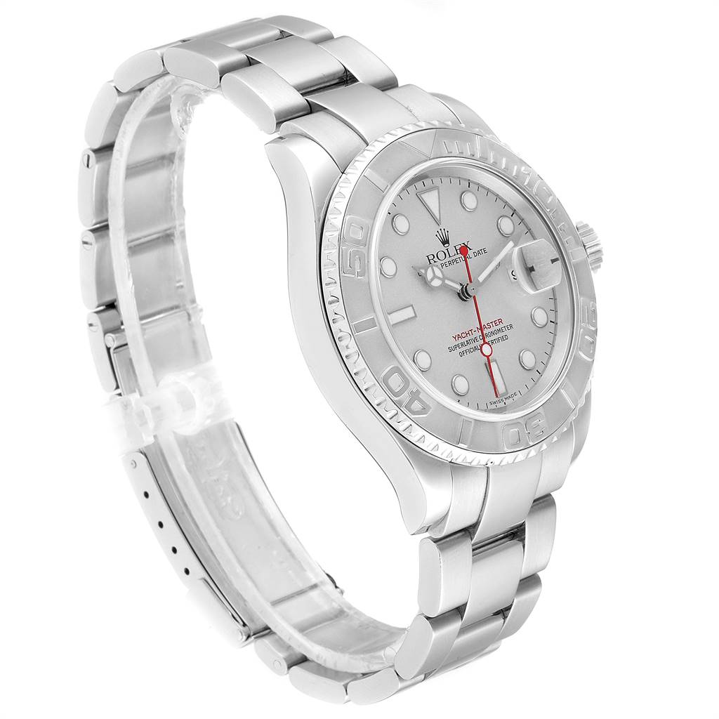 This Rolex Yacht-Master 16622 Men
s Stainless Steel Silver Dial 16622 Men
s Stainless Steel Silver Dial watch is shown from a side angle, highlighting the bracelet, bezel, and face.