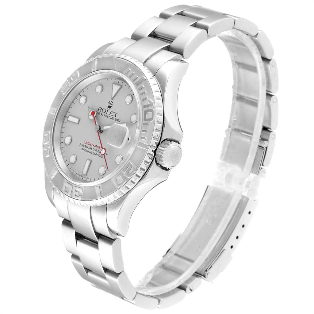 The Rolex Yacht-Master 16622 Men
s Stainless Steel Silver Dial 16622 Men
s Stainless Steel Silver Dial watch is shown at a 3/4 angle, displaying its face, bezel, crown, and bracelet.