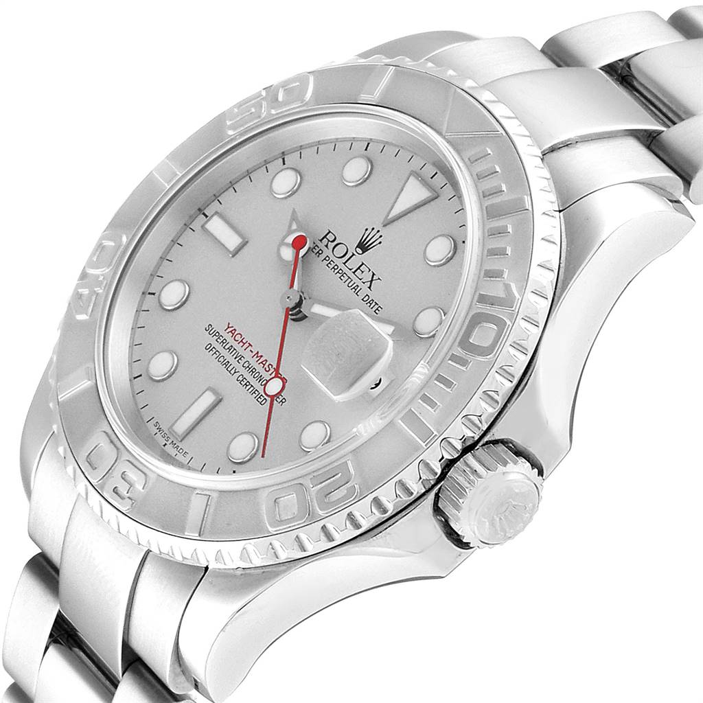 This image shows a close-up, angled view of a Rolex Yacht-Master 16622 Men
s Stainless Steel Silver Dial 16622 Men
s Stainless Steel Silver Dial watch, focusing on its face, bezel, and part of its band.