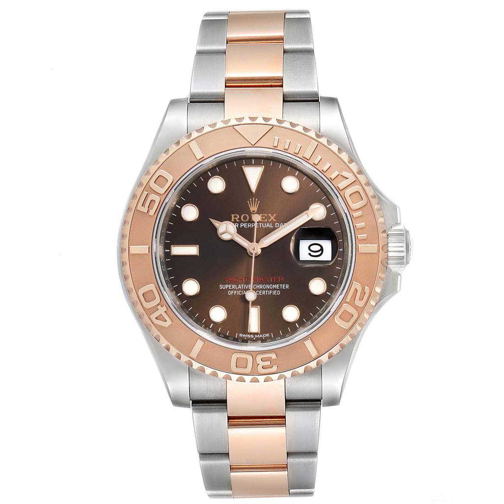 The image shows a front view of the Rolex Yacht-Master 116621 Men's Stainless Steel Brown Dial 116621 Men's Stainless Steel Brown Dial watch, highlighting the dial, bezel, and bracelet.
