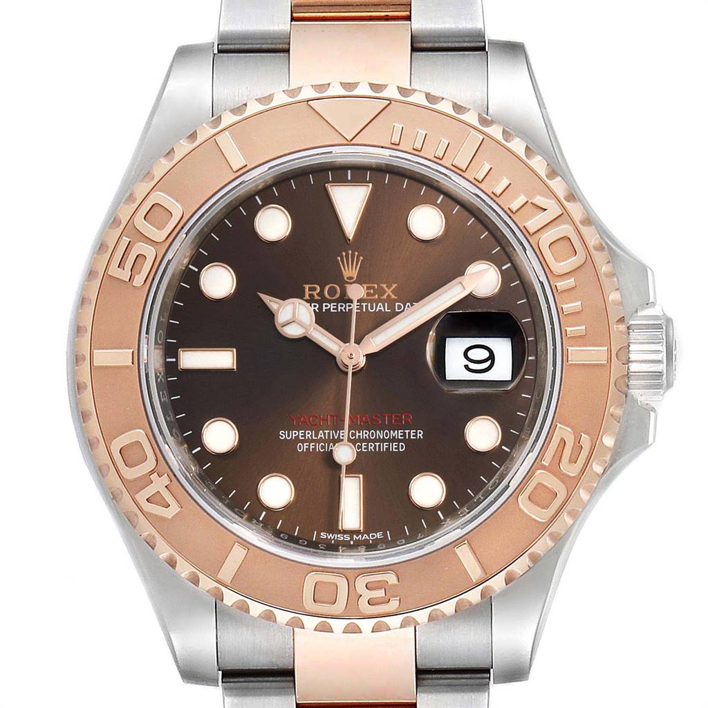 The image is a front view of a Rolex Yacht-Master 116621 Men's Stainless Steel Brown Dial 116621 Men's Stainless Steel Brown Dial watch, showing the bezel, dial, hands, date display, and part of the bracelet.