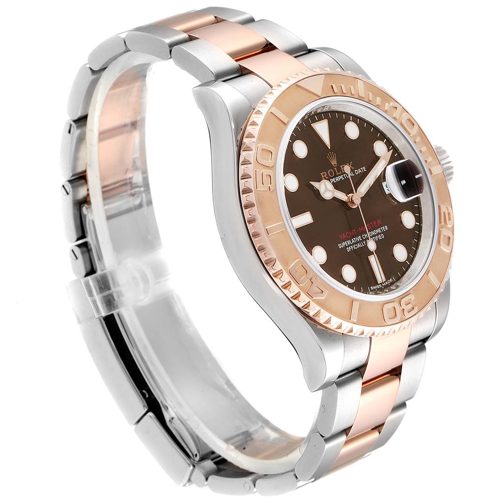 The Rolex Yacht-Master 116621 Men's Stainless Steel Brown Dial 116621 Men's Stainless Steel Brown Dial watch is shown from a side angle, highlighting its two-tone metal band and bezel.