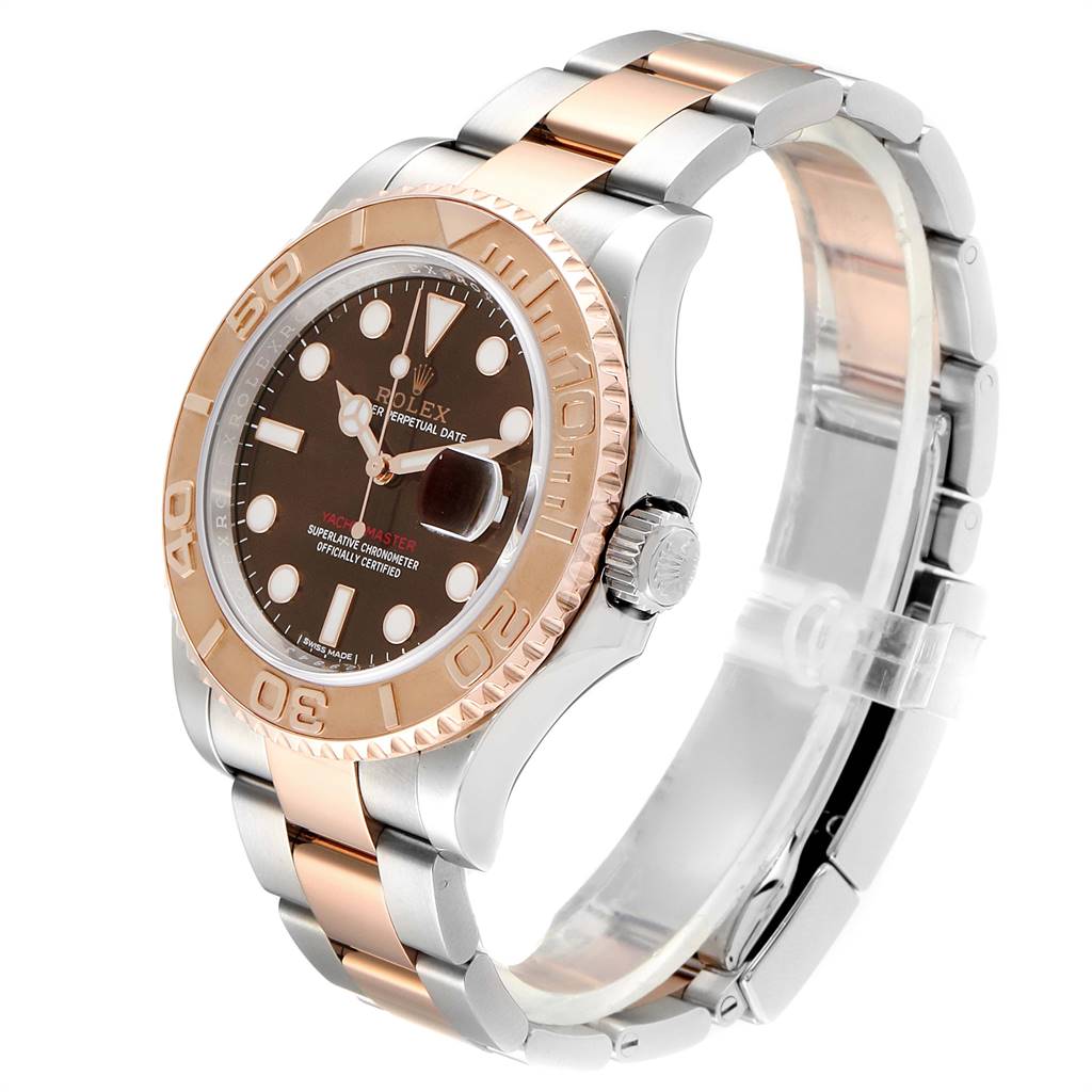 The Rolex Yacht-Master 116621 Men's Stainless Steel Brown Dial 116621 Men's Stainless Steel Brown Dial watch is shown from a front-side angle, displaying the bezel, dial, crown, and two-tone bracelet.