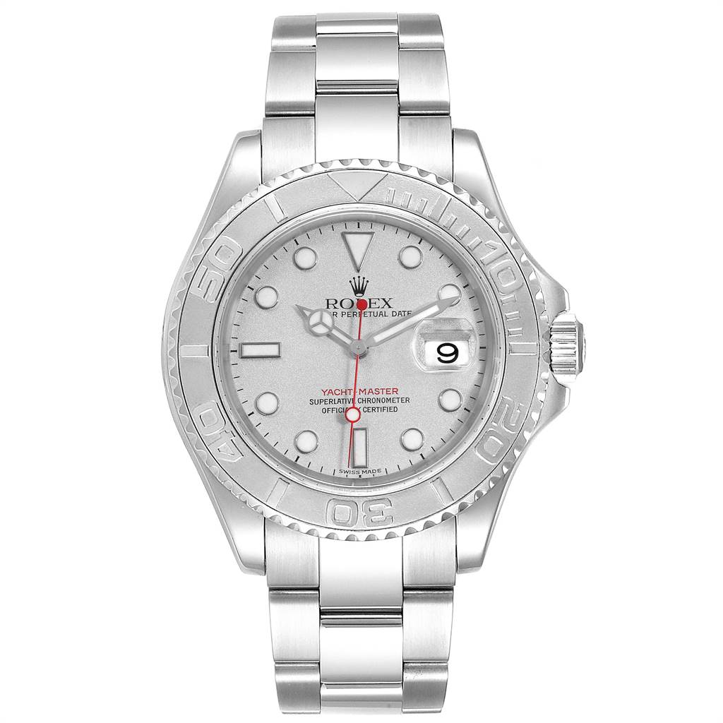 This is a front view of the Rolex Yacht-Master 16622 Men
s Stainless Steel Silver Dial 16622 Men
s Stainless Steel Silver Dial watch, showing the face, bezel, case, bracelet, and crown.