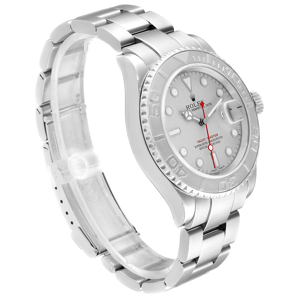 This Rolex Yacht-Master 16622 Men
s Stainless Steel Silver Dial 16622 Men
s Stainless Steel Silver Dial watch is shown at a 3/4 angle, highlighting its face, bezel, and bracelet.