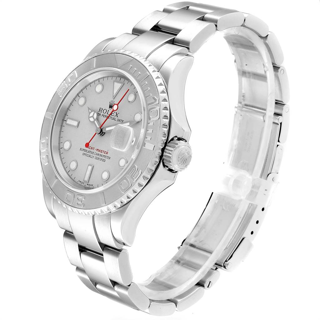 The image shows a side angle of the Rolex Yacht-Master 16622 Men
s Stainless Steel Silver Dial 16622 Men
s Stainless Steel Silver Dial watch, highlighting its bezel, dial, crown, and bracelet.