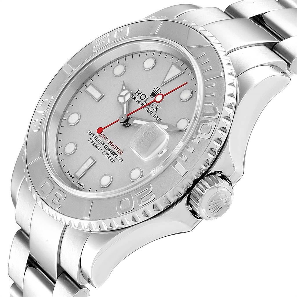 The Rolex Yacht-Master 16622 Men
s Stainless Steel Silver Dial 16622 Men
s Stainless Steel Silver Dial watch is shown at a slight angle, highlighting its face, bezel, crown, and part of the metal bracelet.