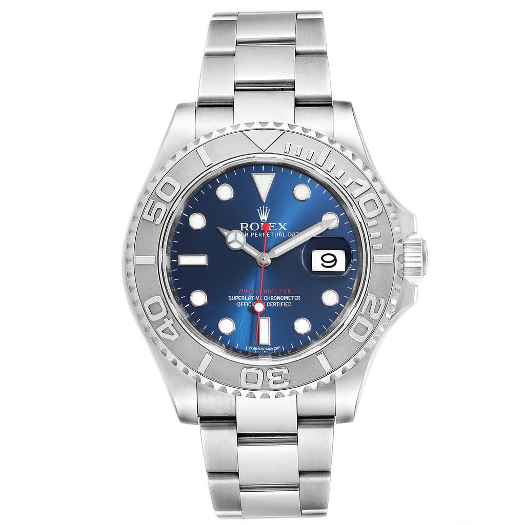 The Rolex Yacht-Master 116622 Men
s Stainless Steel Blue Dial 116622 Men
s Stainless Steel Blue Dial watch is shown from the front, displaying its face, bezel, and bracelet.