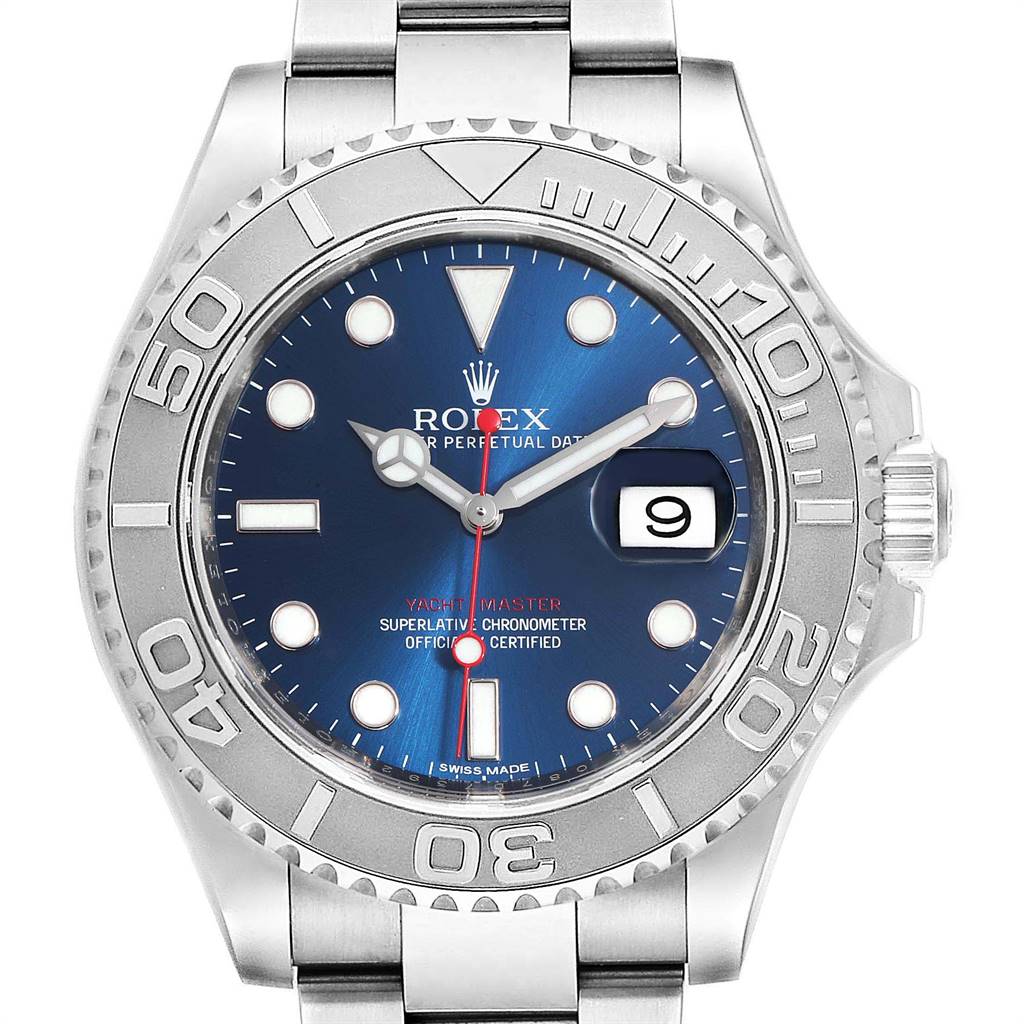 Front view of a Rolex Yacht-Master 116622 Men
s Stainless Steel Blue Dial 116622 Men
s Stainless Steel Blue Dial, showcasing the dial, bezel, hands, markers, date window, and part of the bracelet.