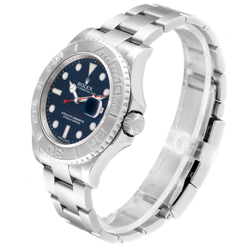 The Rolex Yacht-Master 116622 Men
s Stainless Steel Blue Dial 116622 Men
s Stainless Steel Blue Dial watch is shown at a three-quarter angle, displaying the face, bezel, crown, and bracelet.