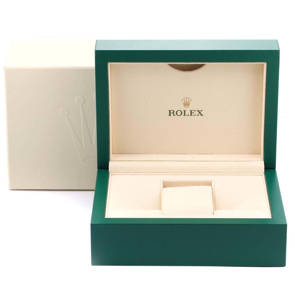 This image shows an open Rolex Yacht-Master 116622 Men
s Stainless Steel Blue Dial 116622 Men
s Stainless Steel Blue Dial watch box with the interior padding and the brand logo visible.