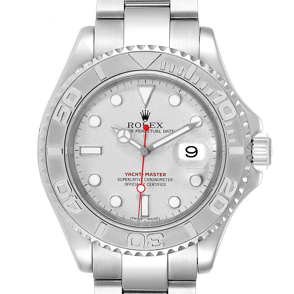 This is a front view of a Rolex Yacht-Master 16622 Men
s Stainless Steel Silver Dial 16622 Men
s Stainless Steel Silver Dial watch showing the dial, bezel, and part of the bracelet.
