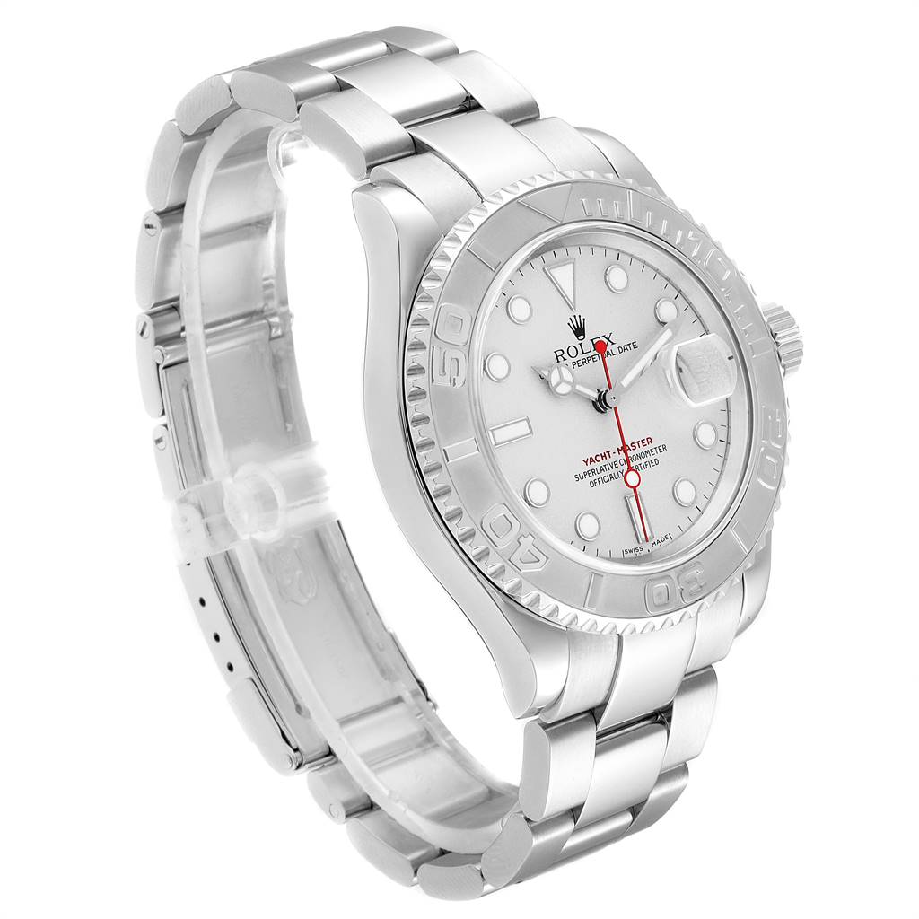 This image shows a Rolex Yacht-Master 16622 Men
s Stainless Steel Silver Dial 16622 Men
s Stainless Steel Silver Dial watch at a three-quarter angle, displaying its bracelet, bezel, and watch face.