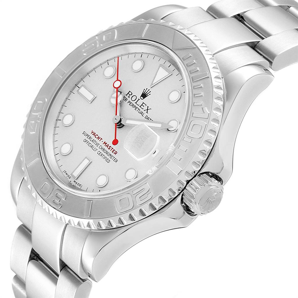 The Yacht-Master Rolex watch is shown at a side angle, displaying the face, bezel, crown, and bracelet clearly.