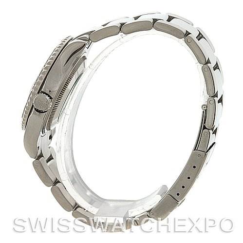 This image shows a side profile of the Rolex Yacht-Master 168622 Stainless Steel Silver Dial 168622 Stainless Steel Silver Dial watch, focusing on the bracelet and the crown.