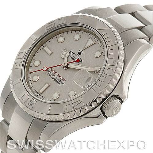 This image shows a side view of a Rolex Yacht-Master 168622 Stainless Steel Silver Dial 168622 Stainless Steel Silver Dial watch, highlighting the dial, bezel, crown, and part of the bracelet.