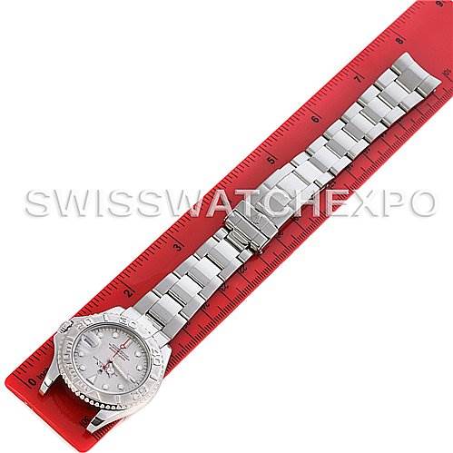 The Rolex Yacht-Master 168622 Stainless Steel Silver Dial 168622 Stainless Steel Silver Dial watch is shown from a top-down angle, displaying the face and full bracelet against a ruler for scale.