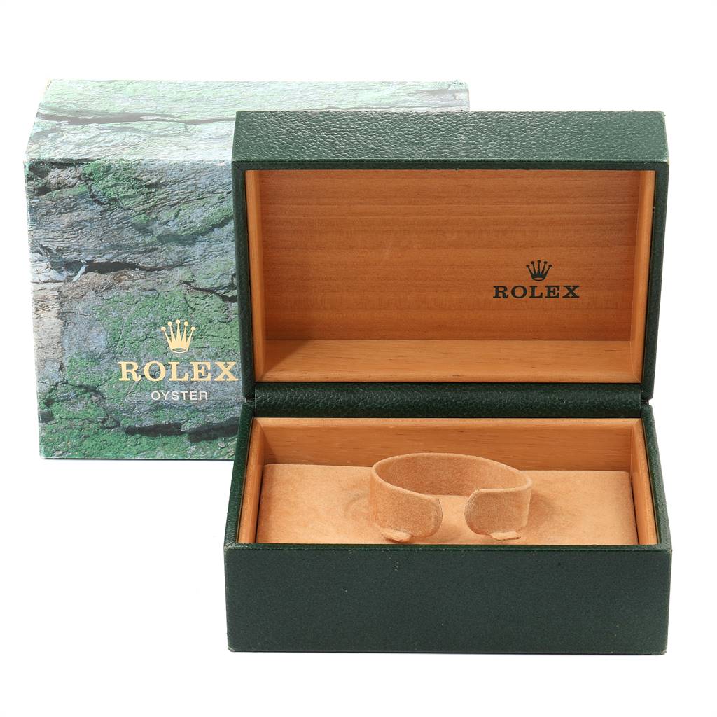 The image shows an empty, open Rolex Yacht-Master 16622 Men
s Stainless Steel Silver Dial 16622 Men
s Stainless Steel Silver Dial watch box with a cushioned interior for the watch.