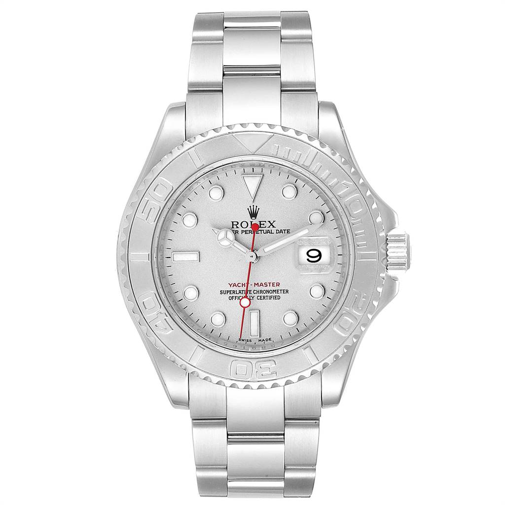 The Rolex Yacht-Master 16622 Men
s Stainless Steel Silver Dial 16622 Men
s Stainless Steel Silver Dial watch is shown from a front-facing angle, displaying the dial, bezel, bracelet, and crown.