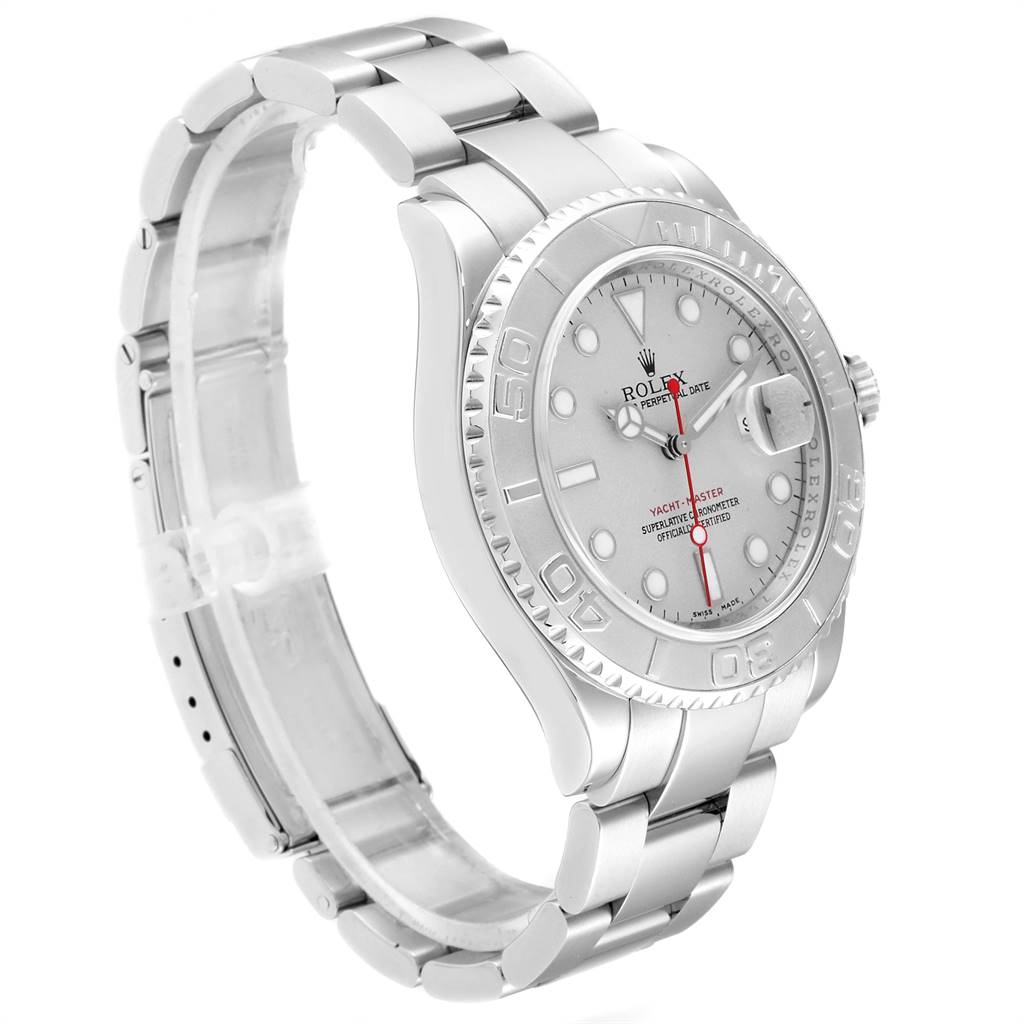 The image shows a side view of the Rolex Yacht-Master 16622 Men
s Stainless Steel Silver Dial 16622 Men
s Stainless Steel Silver Dial watch, highlighting its bracelet, bezel, and dial.